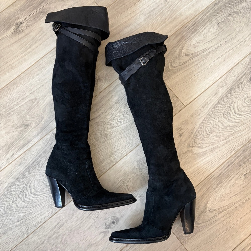 Donald J Pliner Suede Over The Knee Boots Goth Moto Black 5.5M Buckle Detail